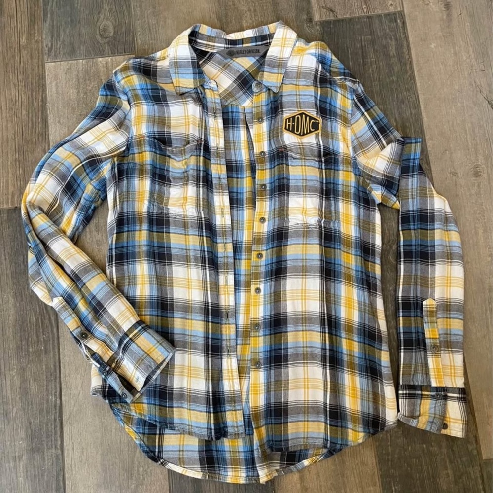 Harley-Davidson Small Blue and Yellow Button Down Plaid Shirt